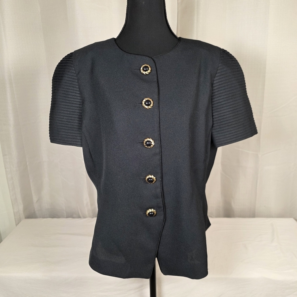 Vintage Leslie Fay Petites Black Minimalist Jacket Gold Buttons 14P